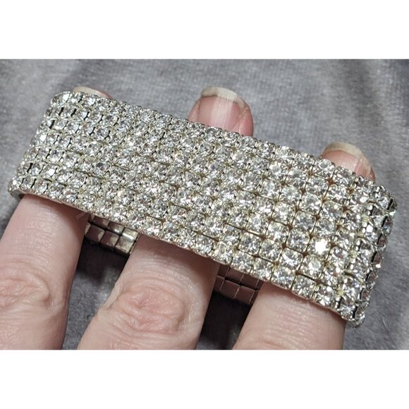 Vintage Glam 7 Row Rhinestone Silver Tone Stretch Bracelet - Picture 8 of 8